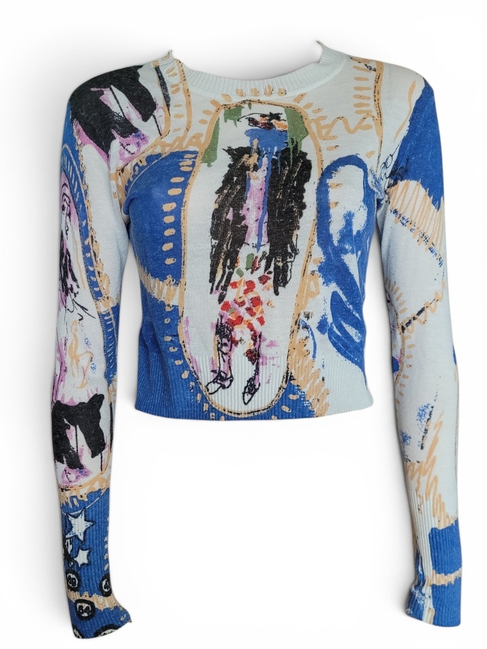Desigual Art Print Cotton Sweater Cropped Blue Multicolor Small